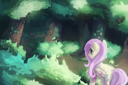 Size: 1152x768 | Tagged: safe, artist:mewball, fluttershy, pegasus, pony, g4, bush, female, folded wings, forest, mare, scared, solo, tree, wavy mouth, wings