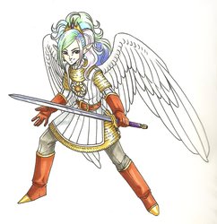 Size: 1280x1320 | Tagged: safe, artist:valkyrie-girl, princess celestia, human, g4, akira toriyama, armor, celestrian, chainmail, crossover, dragon quest (game), humanized, style emulation, sword, warrior, winged humanization