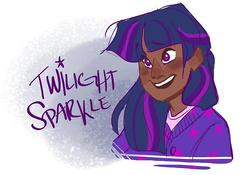 Size: 500x350 | Tagged: safe, artist:madithefreckled, twilight sparkle, human, g4, bust, clothes, dark skin, female, humanized, smiling, solo, sweater