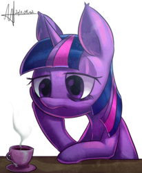 Size: 1613x1956 | Tagged: safe, artist:jggjqm522, twilight sparkle, pony, unicorn, g4, bust, coffee, drink, female, hoof on cheek, mare, simple background, solo, steam, table, transparent background, unicorn twilight