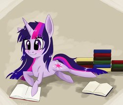 Size: 965x827 | Tagged: safe, artist:silbersternenlicht, twilight sparkle, pony, unicorn, g4, book, female, lying down, mare, prone, reading, solo, unicorn twilight