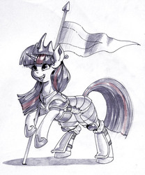 Size: 664x800 | Tagged: dead source, safe, artist:kevinsano, twilight sparkle, pony, unicorn, g4, armor, female, flag, horn, solo, traditional art