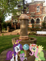 Size: 2448x3264 | Tagged: safe, artist:rjrgmc28, fluttershy, rarity, spike, g4, building, fountain, ponies in real life, vector