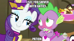 Size: 631x351 | Tagged: safe, edit, edited screencap, screencap, rarity, spike, dragon, pony, unicorn, dragon quest, g4, apron, blushing, caption, clothes, female, hub logo, image macro, male, mare, meme, rarity's bad pickup lines, rocky horror picture show, ship:sparity, shipping, straight