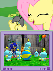 Size: 563x752 | Tagged: safe, fluttershy, chao, pegasus, pony, g4, crossover, exploitable meme, female, gamershy, male, mare, sonic adventure 2, sonic the hedgehog, sonic the hedgehog (series), tv meme