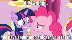 Size: 960x540 | Tagged: safe, edit, edited screencap, screencap, pinkie pie, twilight sparkle, g4, green isn't your color, bedroom eyes, caption, female, hearts and hooves day, image macro, lesbian, out of context, ship:twinkie, shipping