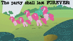 Size: 400x229 | Tagged: safe, edit, edited screencap, screencap, pinkie pie, earth pony, pony, g4, too many pinkie pies, animated, clone, female, mare, multeity, pinkie clone, pronking, too much pink energy is dangerous