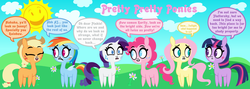 Size: 8400x3000 | Tagged: safe, artist:dewlshock, applejack, fluttershy, pinkie pie, rainbow dash, rarity, twilight sparkle, g4, flower, mane six, pretty pretty pegasus, speech bubble, style emulation, sun, teen titans go