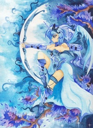 Size: 2125x2917 | Tagged: safe, artist:azurainalis, princess luna, human, g4, archer, arrow, bow (weapon), bow and arrow, female, horn, horned humanization, humanized, moon, solo, traditional art, warrior luna, watercolor painting, weapon, winged humanization