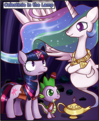 Size: 333x406 | Tagged: safe, artist:solar-slash, princess celestia, spike, twilight sparkle, genie, g4, aladdin, disney