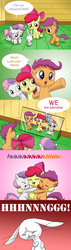 Size: 1024x3608 | Tagged: safe, artist:doublewbrothers, angel bunny, apple bloom, scootaloo, sweetie belle, g4, comic, cute, cutie mark crusaders, dialogue, hnnng, hug, mirror, weapons-grade cute