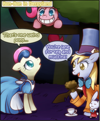 Size: 333x405 | Tagged: safe, artist:solar-slash, angel bunny, bon bon, derpy hooves, pinkie pie, sweetie drops, pegasus, pony, g4, alice, alice in wonderland, cheshire cat, disney, female, mad hatter, march hare, mare, muffin