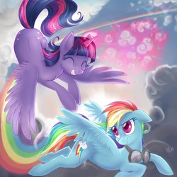 Size: 2048x2048 | Tagged: safe, artist:lumoslightning, rainbow dash, twilight sparkle, alicorn, pony, g4, duo, female, magic, mare, twilight sparkle (alicorn)
