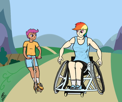 Size: 900x750 | Tagged: safe, artist:ponypie, rainbow dash, scootaloo, human, g4, clothes, duo, duo female, female, humanized, scooter, tank top, wheelchair