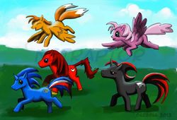 Size: 850x579 | Tagged: safe, artist:netraptor, amy rose, knuckles the echidna, male, miles "tails" prower, ponified, shadow the hedgehog, sonic the hedgehog, sonic the hedgehog (series), watermark
