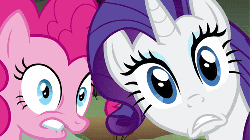Size: 500x281 | Tagged: safe, screencap, pinkie pie, rarity, g4, putting your hoof down, animated, female, reaction image