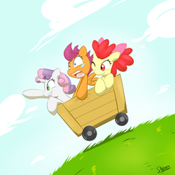 Size: 973x973 | Tagged: safe, artist:slypon, apple bloom, scootaloo, sweetie belle, g4, cart, cutie mark crusaders, scared