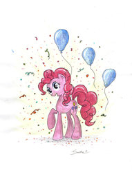 Size: 782x1022 | Tagged: safe, artist:sweeterwho, pinkie pie, g4, balloon, confetti, request, traditional art