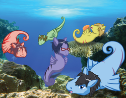 Size: 705x548 | Tagged: safe, sea pony, coral, crepuscular rays, fins, flowing mane, free!, ocean, open mouth, ponified, seaweed, sunlight, swimming, underwater, water