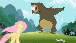 Size: 380x214 | Tagged: safe, screencap, fluttershy, harry, bear, pegasus, pony, g4, lesson zero, angry, animal abuse, animated, biting, crying, eyes closed, female, flying, frown, glare, gritted teeth, kicking, mare, open mouth, roar, stomping, you know for kids