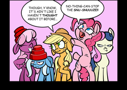 Size: 803x567 | Tagged: safe, artist:toonbat, applejack, bon bon, cheerilee, pinkie pie, sweetie drops, trixie, earth pony, pony, unicorn, g4, applejack's hat, bon bon is not amused, cowboy hat, devo, energy dome, eyes closed, female, hat, mare, nothing can stop the smooze, pinkie being pinkie, pun, snu-snu, this will end in snu snu