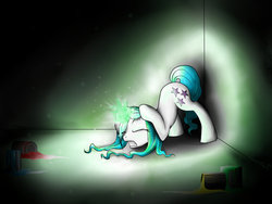 Size: 1024x768 | Tagged: safe, artist:sweeterwho, oc, oc only, oc:sweetie, pony, dark, eyes closed, face down ass up, glowing horn, horn, magic, sad