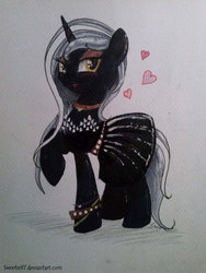 Size: 774x1032 | Tagged: safe, artist:sweeterwho, oc, oc only, pony, unicorn, clothes, dark, dress, female, heart, mare, raised hoof, sweet