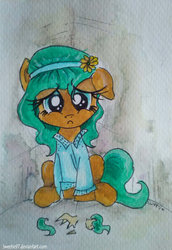 Size: 742x1076 | Tagged: safe, artist:sweeterwho, oc, oc only, earth pony, pony, broken, broken toy, child, doll, female, filly, sad, toy