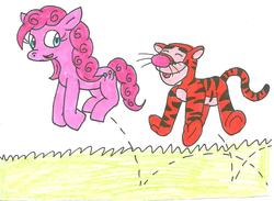 Size: 1072x784 | Tagged: safe, artist:cmara, pinkie pie, g4, bouncing, crossover, jumping, male, tigger, traditional art, winnie the pooh