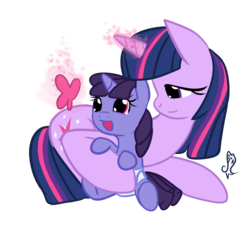 Size: 4724x4355 | Tagged: safe, artist:etiluos, smarty pants, twilight sparkle, butterfly, pony, unicorn, g4, absurd resolution, baby, diaper, eyes on the prize, foal, happy, hug, magic, mama twilight, mother, offspring, open mouth, parent:twilight sparkle, prone, simple background, smiling, transparent background, vector