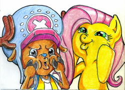 Size: 831x600 | Tagged: safe, artist:irie-mangastudios, fluttershy, g4, crossover, dash face, hat, one piece, squishy cheeks, tony tony chopper, traditional art