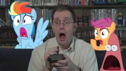 Size: 960x540 | Tagged: safe, edit, rainbow dash, scootaloo, g4, angry video game nerd, crossover, male, patrick star, ponies in real life, reaction image, spongebob squarepants, surprised patrick, the spongebob squarepants movie