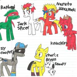 Size: 1536x1536 | Tagged: safe, artist:cmara, charlie brown, crossover, hilarious in hindsight, jack spicer, knuckles the echidna, male, naruto, peanuts, ponified, raphael, sly cooper, snoopy, sonic the hedgehog (series), teenage mutant ninja turtles, traditional art, xiaolin showdown