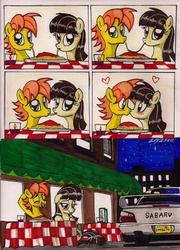 Size: 1542x2145 | Tagged: safe, artist:newyorkx3, mandopony, wild fire, earth pony, pegasus, pony, g4, accidental kiss, blushing, candle, car, comic, duo, female, heart, kissing, lady and the tramp, male, mare, ship:mandofire, shipping, sibsy, spaghetti, spaghetti scene, stallion, subaru, subaru impreza, traditional art