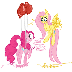 Size: 600x600 | Tagged: safe, artist:elslowmo, artist:xieril, fluttershy, pinkie pie, pony, g4, balloon, colored, dialogue, duo, floating, flying, then watch her balloons lift her up to the sky