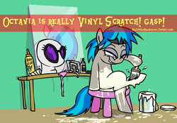 Size: 830x582 | Tagged: safe, artist:brutamod, dj pon-3, octavia melody, vinyl scratch, earth pony, pony, mylittleheadcanon, g4, disguise, double life, exclamation point, headcanon, jossed, lip bite, looking down, mirror, paint, paint on fur, paintbrush, painting, reflection
