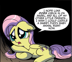 Size: 470x404 | Tagged: safe, idw, official comic, angel bunny, fluttershy, pony, g4, spoiler:comic, speech bubble