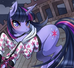 Size: 800x738 | Tagged: safe, artist:racoonsan, twilight sparkle, pony, unicorn, g4, clothes, female, hoodie, looking at you, mare, piercing, solo, unicorn twilight
