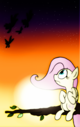 Size: 1201x1909 | Tagged: safe, artist:strangiesleepy, fluttershy, butterfly, g4, fear of flying, looking up, profile, sitting, sunset, tree branch