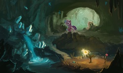 Size: 2195x1311 | Tagged: source needed, useless source url, safe, artist:paladin, fluttershy, twilight sparkle, g4, cave, flower, scenery, waterfall