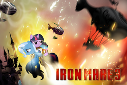 Size: 1188x800 | Tagged: safe, artist:pixelkitties, trixie, twilight sparkle, g4, airship, iron man, marvel, parody, power suit