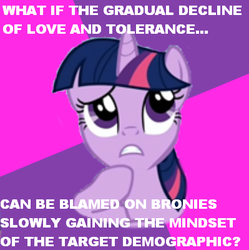 Size: 399x400 | Tagged: source needed, safe, twilight sparkle, g4, advice meme, exploitable meme, image macro, love and tolerance, meme, text, thinking