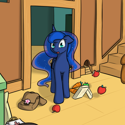 Size: 1000x1000 | Tagged: safe, artist:theparagon, princess luna, hunted luna, g4, apple, carrot, colored pupils, female, food, messy, saddle bag, shock, solo