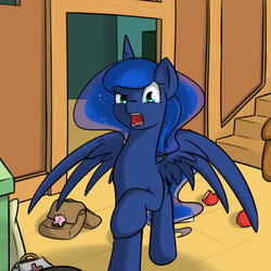 Size: 1000x1000 | Tagged: safe, artist:theparagon, princess luna, alicorn, pony, hunted luna, g4, apple, colored pupils, disgusted, female, food, mare, solo