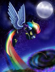 Size: 784x1018 | Tagged: safe, artist:myhysteria, rainbow dash, g4, clothes, cloud, costume, flying, goggles, moon, shadowbolt dash, shadowbolts, shadowbolts costume, smiling, smirk, solo