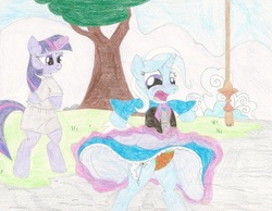 Size: 1013x788 | Tagged: safe, artist:wjmmovieman, trixie, twilight sparkle, pony, unicorn, g4, assisted exposure, clothes, dress, dress lift, embarrassed, embarrassed underwear exposure, female, humiliation, magic, magic abuse, panties, paraskirt, payback, prank, skirt, skirt lift, traditional art, underwear, unicorn twilight, upskirt, we don't normally wear clothes