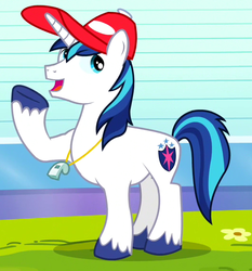 Size: 529x567 | Tagged: safe, shining armor, g4, games ponies play, hat, smiling, whistle