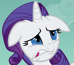Size: 422x367 | Tagged: safe, screencap, rarity, pony, unicorn, a dog and pony show, g4, season 1, close-up, cringing, do not want, eyeshadow, female, floppy ears, frown, makeup, mare, reaction image, scrunchy face, solo, teeth