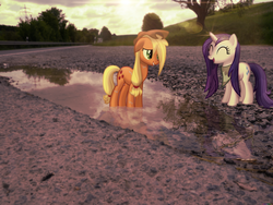 Size: 2560x1920 | Tagged: safe, artist:colorfulbrony, applejack, rarity, g4, irl, photo, ponies in real life, puddle, water, wet, wet mane, wet mane rarity