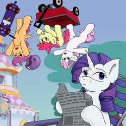 Size: 1024x1024 | Tagged: safe, artist:thedigodragon, apple bloom, rarity, scootaloo, sweetie belle, g4, cutie mark crusaders, newspaper, scooter, wagon